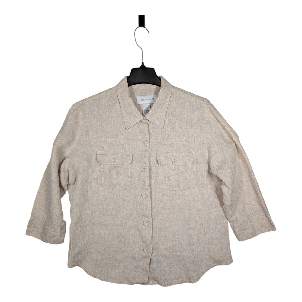 Women's 14 Liz Claiborne Beige Linen Button Front Shirt 3/4 Length Sleeves - Picture 2 of 9